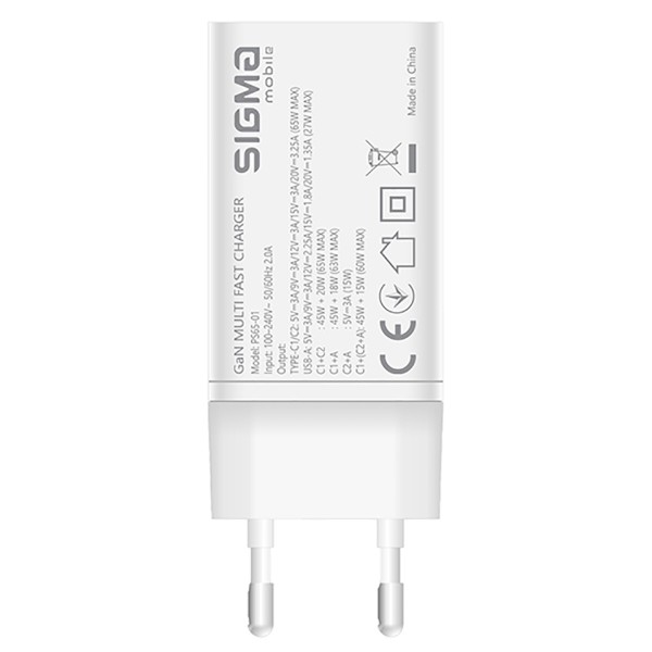 Фото - Мережевий зарядний пристрій Sigma mobile X-power 65W GaN, PD, QC (2xUSB-C + 1xUSB-A) White (PS65-01)